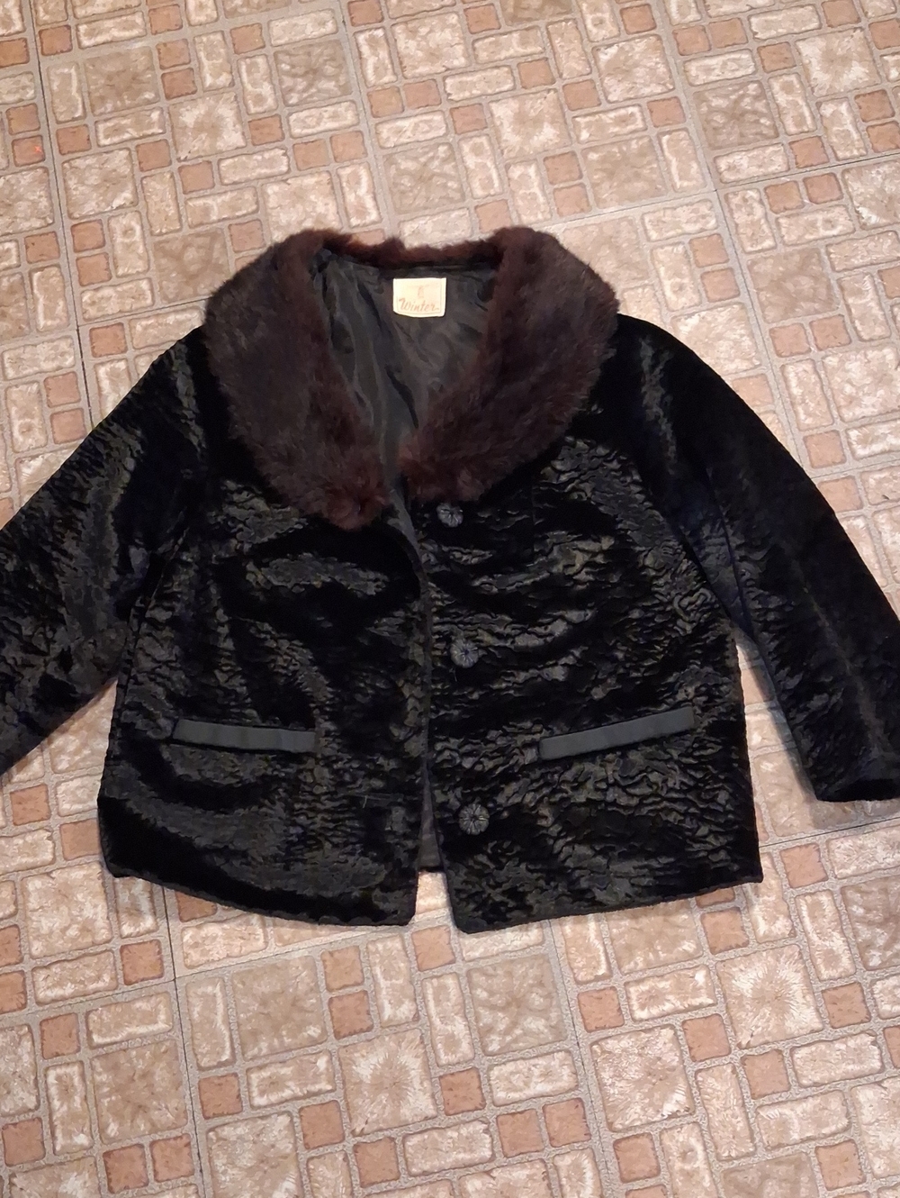 Vintage Black Faux Curly Lamb Jacket with Mink Collar